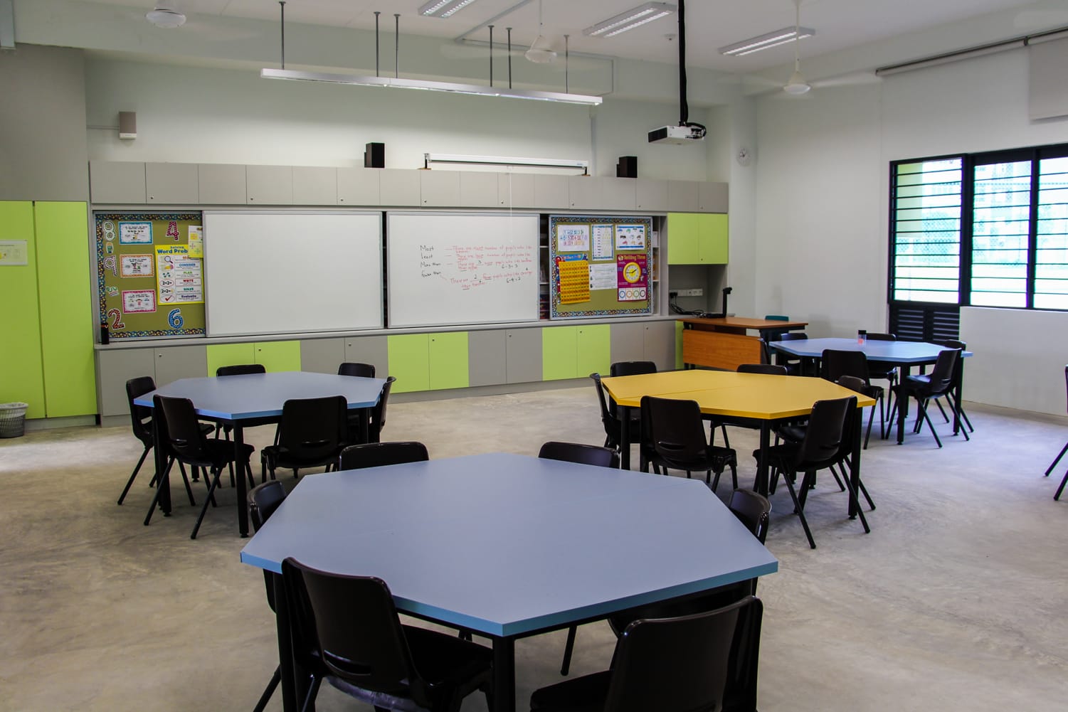 Empty classroom with hexagonal blue and yellow tables, black chairs, a whiteboard, and colorful bulletin boards.